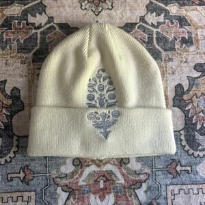 Free People Embroidered Beanie FP Movement Cream Silver Knit Hat Logo O/S